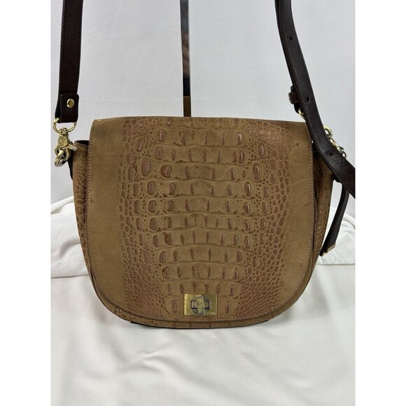 Brahmin Sonny Shoulder Crossbody Flap Bag Tan Croc Embossed Nubuck Leather - Picture 4 of 16